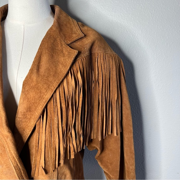 Vintage Wilson’s Leather Brown Suede Fringe Trim Diagonal Snap Button Jacket - Picture 7 of 13